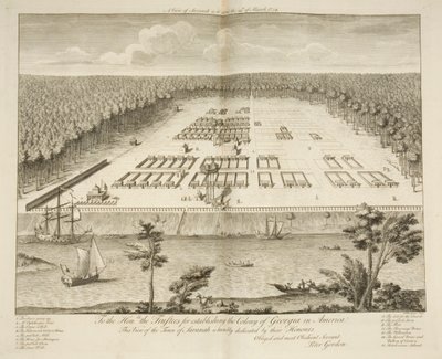 Veduta di Savannah come appariva il 29 marzo 1734, inciso da P. Fourdrinier, Londra, c.1735 (incisione) da Peter Gordon