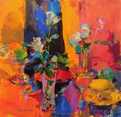 Tavolo di natura morta con rose e frutta da Peter Graham (Contemporary)