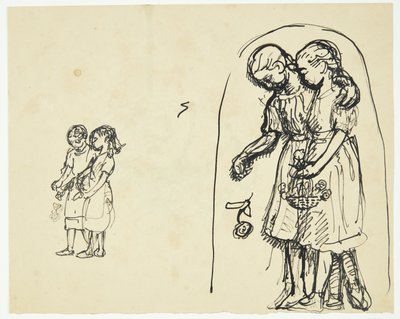 Due piccole ragazze che spargono fiori. Due bozze sullo stesso foglio da Peter Hansen