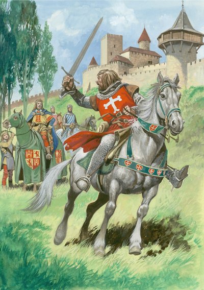 Un cavaliere fuori da un castello (gouache su carta) da Peter Jackson