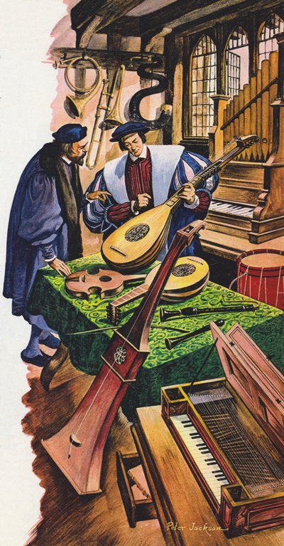 Un costruttore di strumenti musicali nel suo negozio in epoca Tudor da Peter Jackson