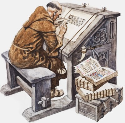 Un monaco alla scrivania in uno scriptorium (gouache su carta) da Peter Jackson
