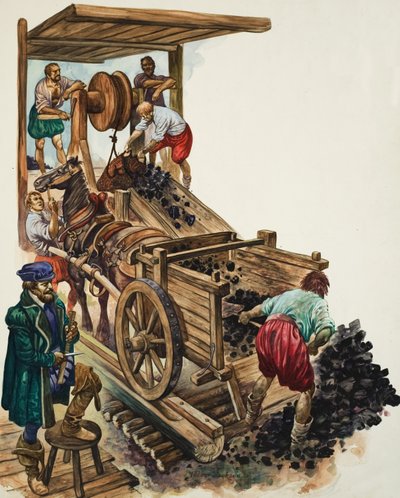 Un addetto al conteggio segna quanti carichi di carbone lasciano la miniera mentre un minatore riempie un carrello e altri ne issano altri in superficie (gouache su carta) da Peter Jackson