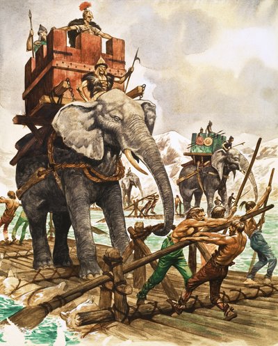 Annibale e i suoi elefanti che attraversano un fiume su una zattera da Peter Jackson