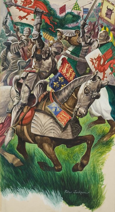 Re Riccardo (1452-85) ed Enrico Tudor (1457-1509) sul campo di battaglia di Market Bosworth nel 1485 (gouache su carta) da Peter Jackson