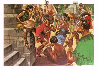 Nativi Maya che danzano e fanno musica davanti a un tempio da Peter Jackson