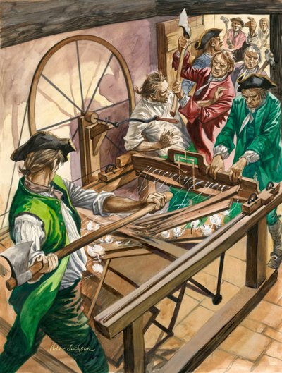 Lavoratori attaccano la casa di James Hargreaves a Blackburn per distruggere la sua invenzione, la Spinning Jenny da Peter Jackson