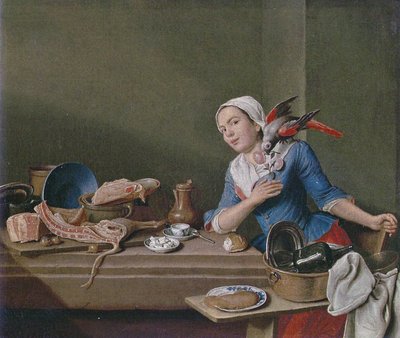 Natura morta in cucina con figura femminile e pappagallo (Il sentimento)
Titoli alternativi:

Il sentimento da Peter Jacob Horemans