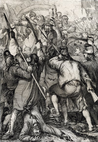 Rivoluzione francese: il popolo armato e furioso entra attraverso il ponte levatoio e uccide la guarnigione e il governatore durante l