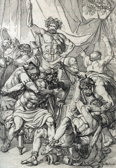 Eptarchia: rappresentazione del capo anglosassone Hengist che uccide i suoi nemici per fondare il regno del Kent, circa 461 (disegno a penna) da Peter Johann Nepomuck Geiger