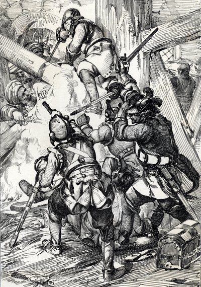 Re Carlo XII di Svezia difende contro i turchi a Bender, febbraio 1713, disegno a penna da Peter Johann Nepomuck Geiger
