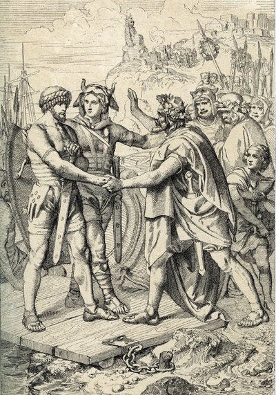 Sbarco di Hengest e Horsa, figure della leggenda anglosassone, che registra i due come i fratelli germanici che guidarono gli eserciti di Angli, Sassoni e Juti che conquistarono i primi territori della Britannia nel V secolo da Peter Johann Nepomuck Geiger