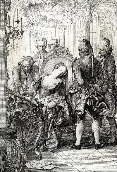 Regina Carolina Matilde di Danimarca (1751-1775) costretta a firmare i documenti di divorzio a seguito della sua avventura extraconiugale nel 1772 da Peter Johann Nepomuck Geiger