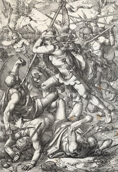 Rappresentazione di Pelagio il conquistatore, re delle Asturie trionfante contro i Saraceni, 719, Covadonga, Spagna da Peter Johann Nepomuck Geiger