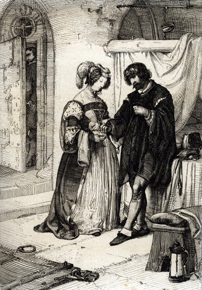 Il Conte di Essex Robert Devereux condannato a morte per tradimento consegna a Elizabeth Howard, Contessa di Nottingham, un anello come pegno della sua lealtà alla Regina da Peter Johann Nepomuck Geiger