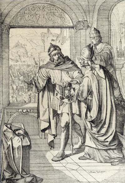 I primi membri della dinastia degli Asburgo Radbot e il vescovo Werner al tempo della costruzione del mastio degli Asburgo in Argovia, Svizzera da Peter Johann Nepomuck Geiger