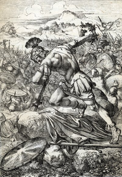 Il suicidio del generale romano Varo (Publio Quintilio Varo) sulla sua spada nella battaglia di Teutoburgo (Teutoburger Wald o Teutberg) che oppose i Romani ai Germani nel 9 d.C. da Peter Johann Nepomuck Geiger