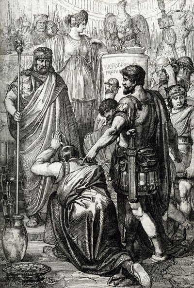 Guerra vandalica: la resa del re dei Vandali Gelimero che si inginocchia davanti al generale bizantino Belisario (500-565) nel marzo 534, Cartagine, Africa da Peter Johann Nepomuck Geiger