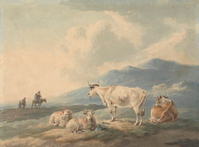 Paesaggio Montano con Mucche e Capre in Primo Piano e Figure a Sinistra da Peter La Cave