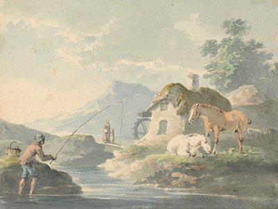 Scena rustica: uomo che pesca, a sinistra; cottage con mulino ad acqua e cavalli a destra da Peter La Cave