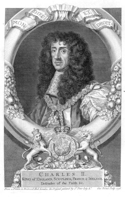 Carlo II (1630-85) Re di Gran Bretagna e Irlanda dal 1660, inciso da George Vertue (1684-1756) 1736 da Peter Lely