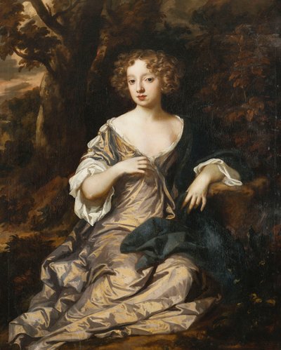 Ritratto di una signora, seduta a figura intera, in un paesaggio boscoso, con un vestito di seta viola con maniche e rifiniture bianche da Peter Lely