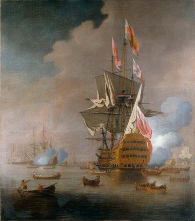 Una festa reale che si avvicina a una nave ammiraglia della flotta rossa da Peter Monamy