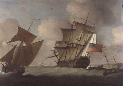 Una nave di terza classe che si unisce alla sua squadra al largo del Castello di Elizabeth, Jersey da Peter Monamy