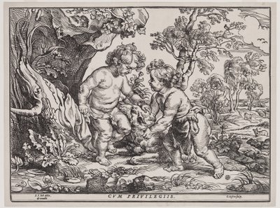 Bambino Gesù e San Giovanni che giocano con un agnello, incisione di Christoffel Jegher (1596-1653), dopo il 1632 da Peter Paul (after) Rubens