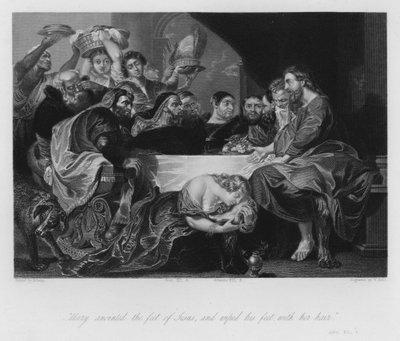 Maria Maddalena unge i piedi del Salvatore, Giovanni XII, 3 (incisione) da Peter Paul (after) Rubens