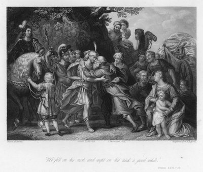 Incontro di Giacobbe e Giuseppe, Genesi XLVI, 29 (incisione) da Peter Paul (after) Rubens