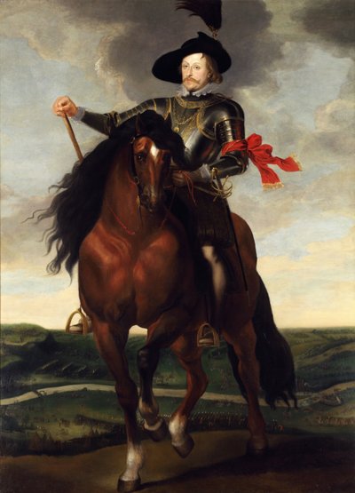 Ritratto equestre del principe ereditario Ladislao Vasa con la battaglia di Khotyn (1621) sullo sfondo da Peter Paul (school of) Rubens
