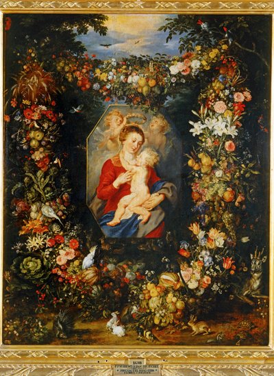 Maria Vergine e il Bambino con corona di fiori e frutta ... da Peter Paul & Brueghel Jan (1601 78) Rubens