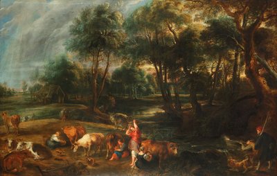 Un paesaggio con mucche e cacciatori di anatre da Peter Paul Rubens