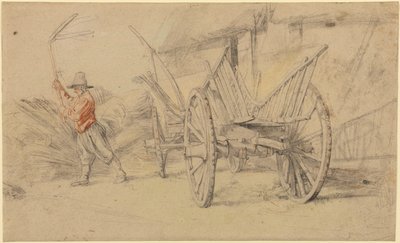 Un uomo che trebbia accanto a un carro, edifici agricoli alle spalle da Peter Paul Rubens