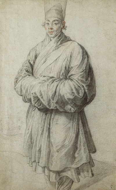 Un uomo in costume coreano, con un copricapo trasparente di crine di cavallo, quasi a figura intera, una nave a sinistra da Peter Paul Rubens