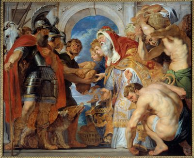 Abramo e Melchisedec. Ritornando da una campagna vittoriosa, Abramo incontrò Melchisedec, re di Salem, che gli portò pane e vino. Era un sacerdote e pronunciò questa benedizione da Peter Paul Rubens