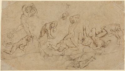 Battaglia di uomini nudi (penna e inchiostro marrone su gesso nero su quattro pezzi tagliati irregolarmente di due tipi di carta vergata; steso e con l
