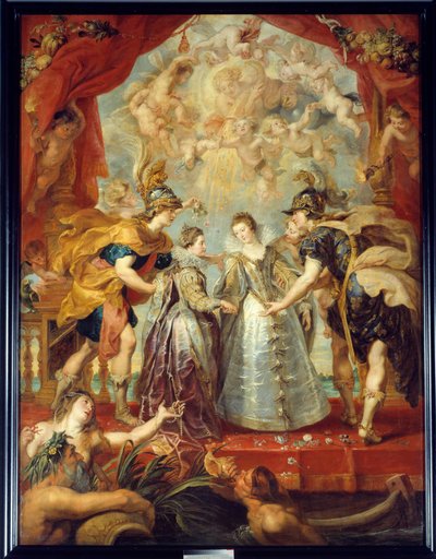 Scambio delle due principesse di Francia e Spagna sul fiume Bidassoa a Hendaye, 9/11/1615 Rappresentazione allegorica del matrimonio tra Anna d