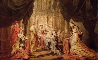 Maria che dona il paramento a Ildefonso, Arcivescovo di Toledo, con l