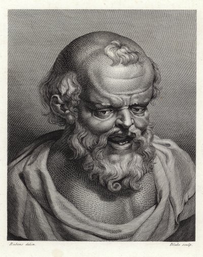 Ritratto del filosofo greco antico Democrito (incisione a puntini) da Peter Paul Rubens