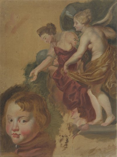 Foglio di studio con il felice governo di Maria dei Medici, una testa di ragazzo e due teste di uomo da Peter Paul Rubens