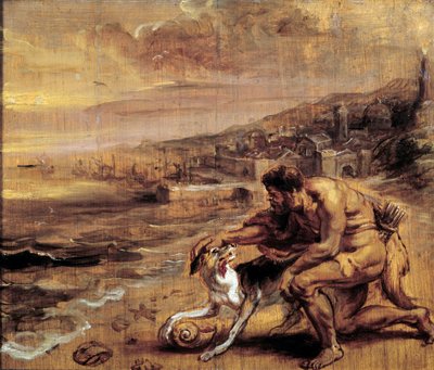 La scoperta della porpora Un fenicio trova grazie al suo cane una conchiglia (Murex) che produce la tintura rossa da Peter Paul Rubens