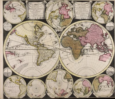 Diversa orbis Terrae visu incedente per coluros Tropicorum ambos ejus polos et particularis sphaerae zenit in planum orthographica projectio quibus additae pro variato horizonte omnium positiones eorumdemque mutua cum circulis caelestibus relatio  Plat O da Peter Schenk the Elder