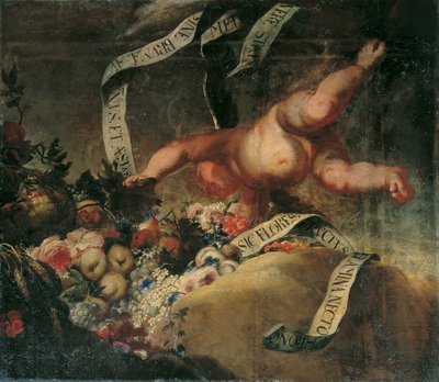 Putto con fiori, frutti e nastro con scritta da Peter Strudel