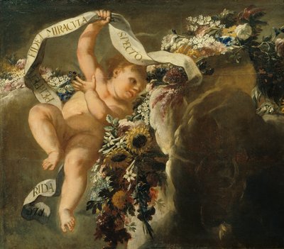 Putto con ghirlanda di fiori e cartiglio da Peter Strudel