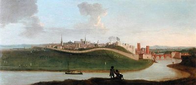 Veduta di Chester, con due figure sul fiume in primo piano da Peter Tillemans