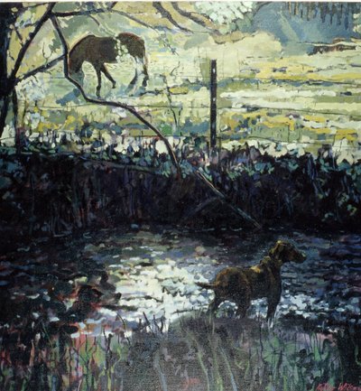Pony e cane in un campo, 2000 (olio su tela) da Peter Wilson