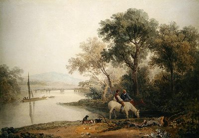 Rustici che abbeverano i loro cavalli al bordo di un fiume, una torre oltre da Peter de Wint