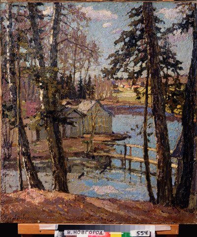 Primavera. A uno stagno. Dipinto di Pyotr Ivanovich Petrovichev (1874-1947), olio su tela da Petr Ivanovic Petrovichev